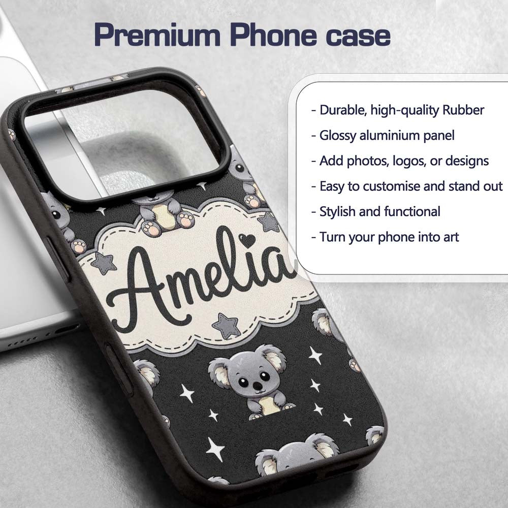 Cute Koala Bears with Stars Dark Grey Background Custom Name Protective Phone Case Mobile Cover Durable Everyday Smartphone Shock Resistant