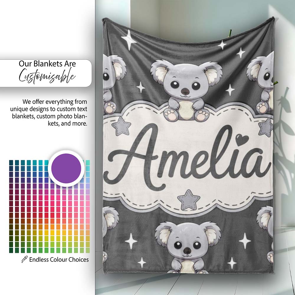 Cute Koala Bears with Stars Dark Grey Background Seamless Pattern Personalised Custom Name Super Soft Fleece Blanket Bed Sofa Throw