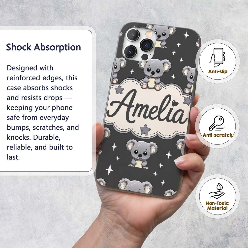 Cute Koala Bears with Stars Dark Grey Background Custom Name Protective Phone Case Mobile Cover Durable Everyday Smartphone Shock Resistant