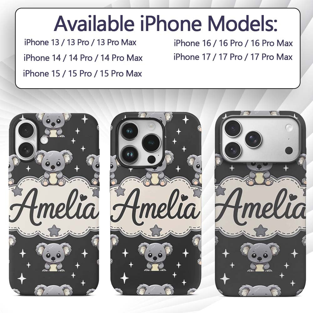 Cute Koala Bears with Stars Dark Grey Background Custom Name Protective Phone Case Mobile Cover Durable Everyday Smartphone Shock Resistant