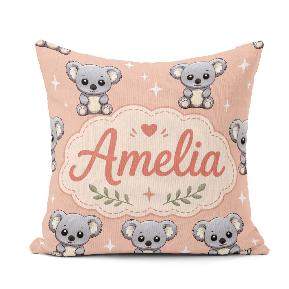 Custom Name Cute Koala Bears with Stars Peach Background Pattern Square Filled Cushion Throw Pillow Sofa Bed Home Decor Zip Washable UK Made