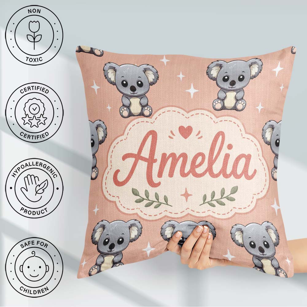 Custom Name Cute Koala Bears with Stars Peach Background Pattern Square Filled Cushion Throw Pillow Sofa Bed Home Decor Zip Washable UK Made