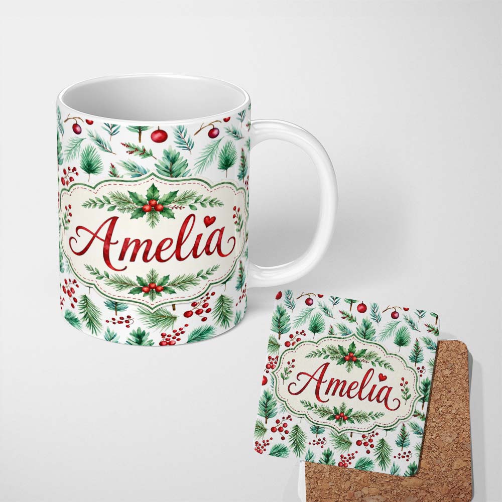 Custom Name Watercolor Pine Branches Red Berries Christmas Foliage Seamless 11oz Ceramic Coffee Tea Mug White Large Handle