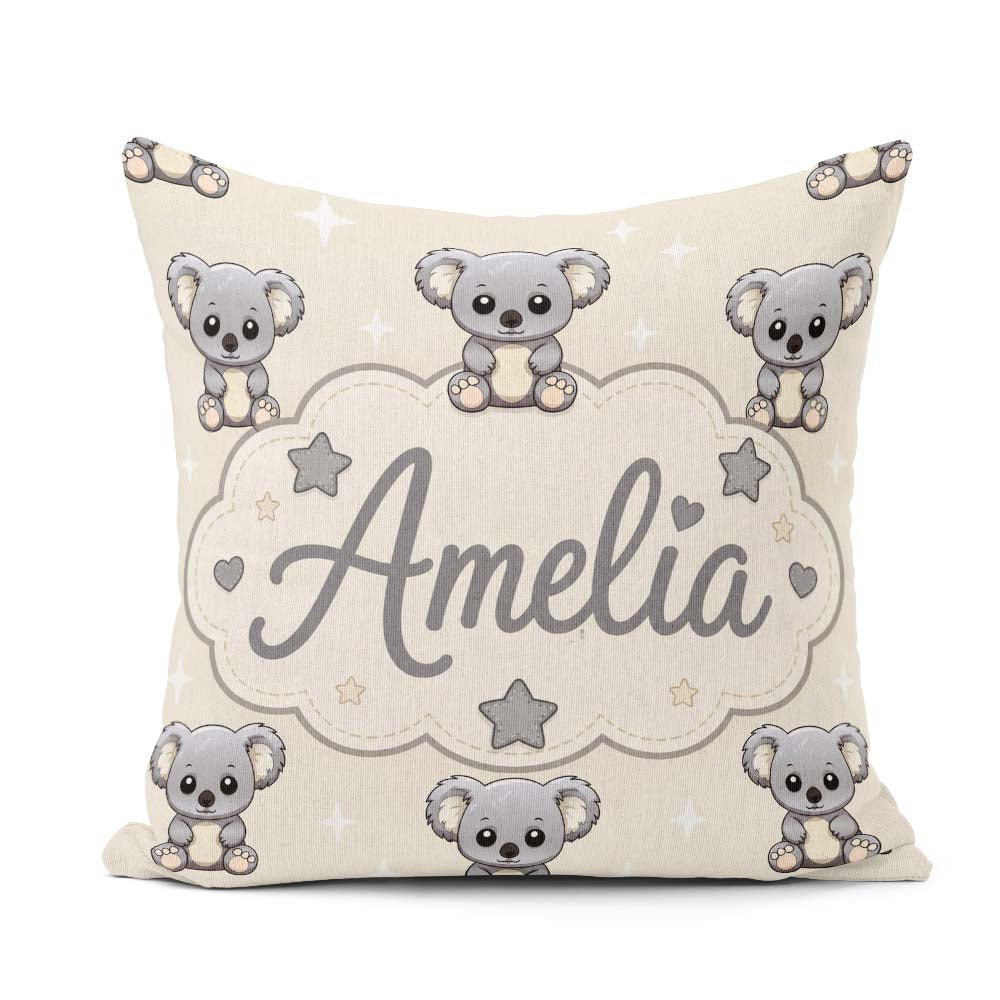 Custom Name Cute Koala Bears with Stars Beige Background Pattern Square Filled Cushion Throw Pillow Sofa Bed Home Decor Zip Washable UK Made