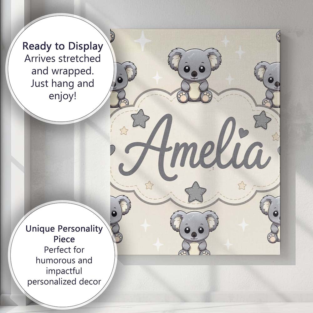 Personalised Name Cute Koala Bears with Custom Modern Room Accent Elegant Feature Canvas Wall Art Print Decor Picture Ready to Hang