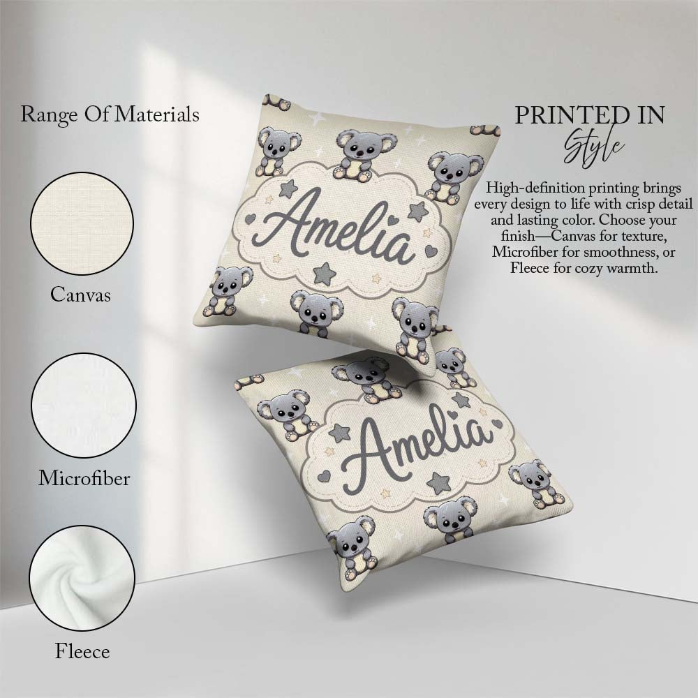 Custom Name Cute Koala Bears with Stars Beige Background Pattern Square Filled Cushion Throw Pillow Sofa Bed Home Decor Zip Washable UK Made