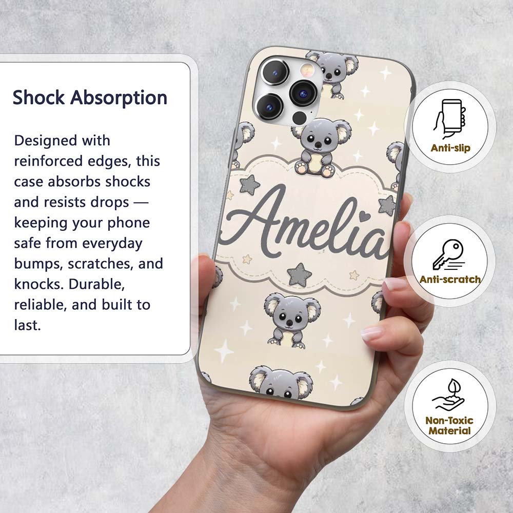 Cute Koala Bears with Stars Beige Background Custom Name Protective Phone Case Mobile Cover Durable Everyday Smartphone Shock Resistant