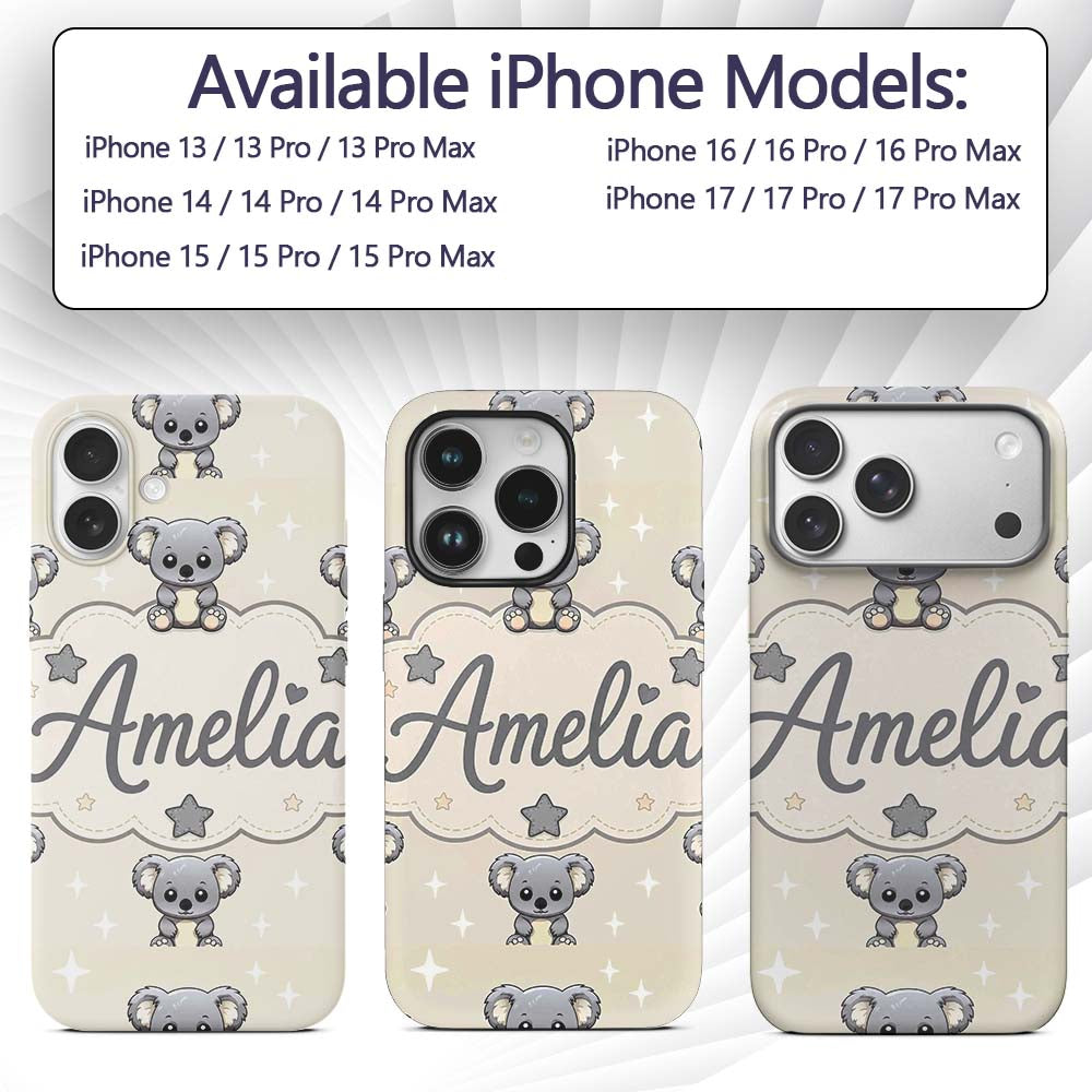Cute Koala Bears with Stars Beige Background Custom Name Protective Phone Case Mobile Cover Durable Everyday Smartphone Shock Resistant