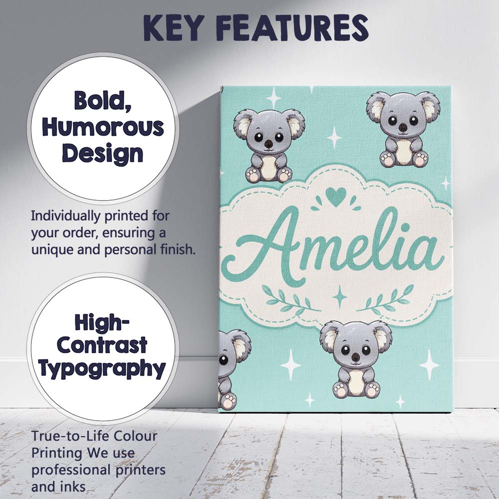 Personalised Name Cute Koala Bears with Custom Modern Room Accent Elegant Feature Canvas Wall Art Print Decor Picture Ready to Hang