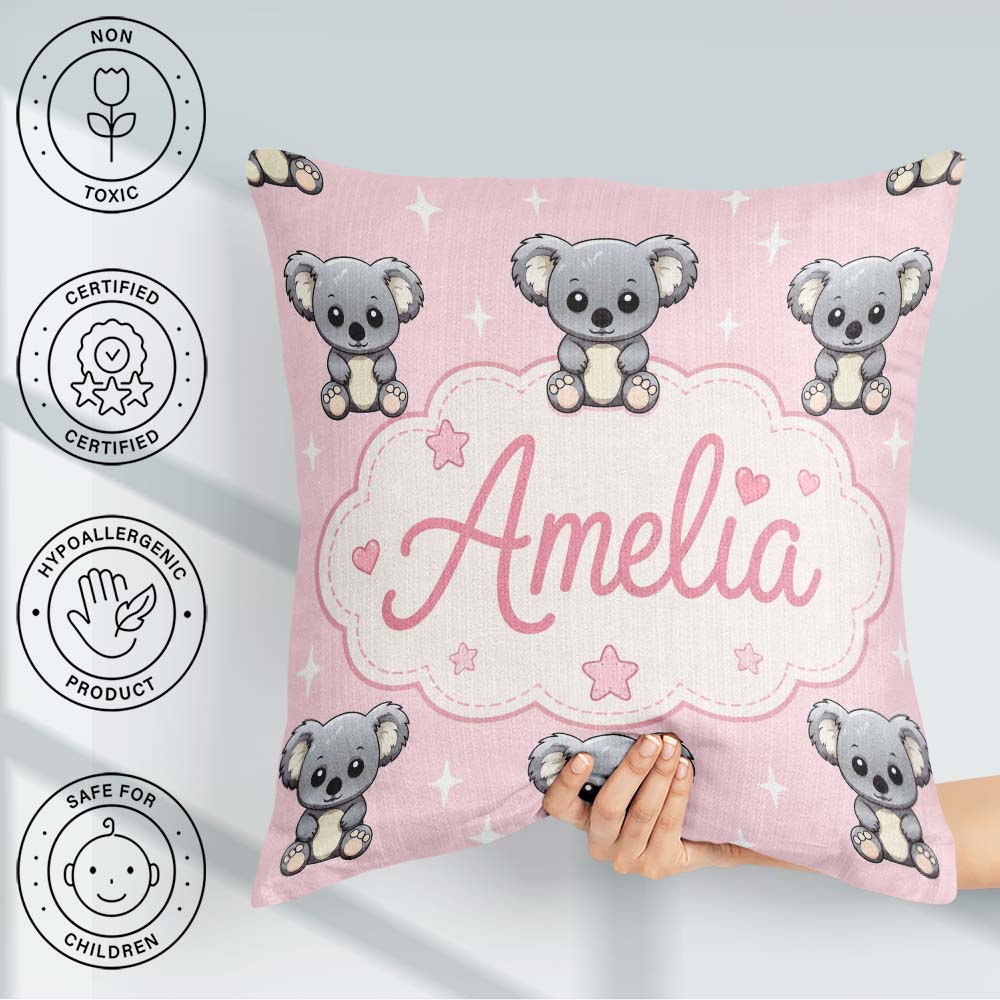 Custom Name Koala Bears with Stars Soft Pink Background Seamless Square Filled Cushion Throw Pillow Sofa Bed Home Decor Zip Washable UK Made