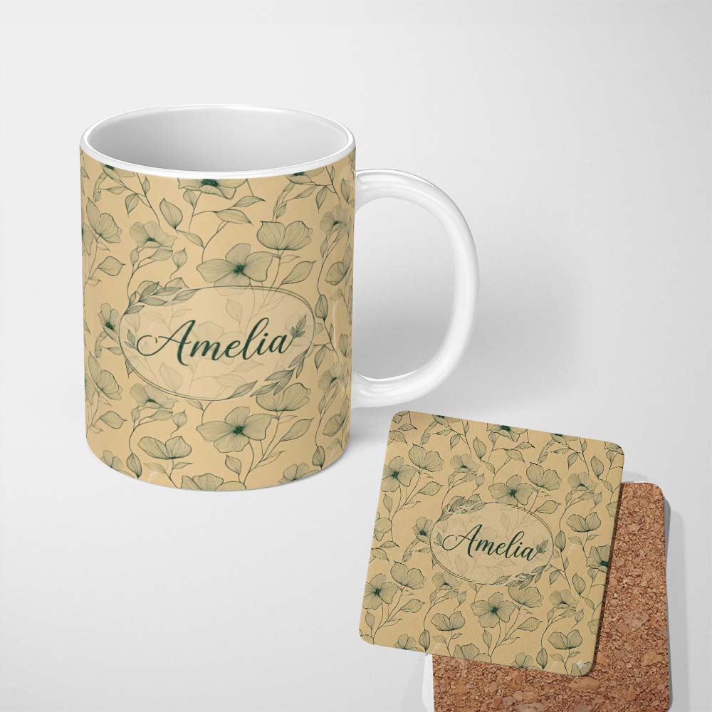 Personalized Custom Name Vintage Beige Floral Botanical Pattern with Fine Line Art Leaves 11oz Ceramic Coffee Tea Mug White Large Handle