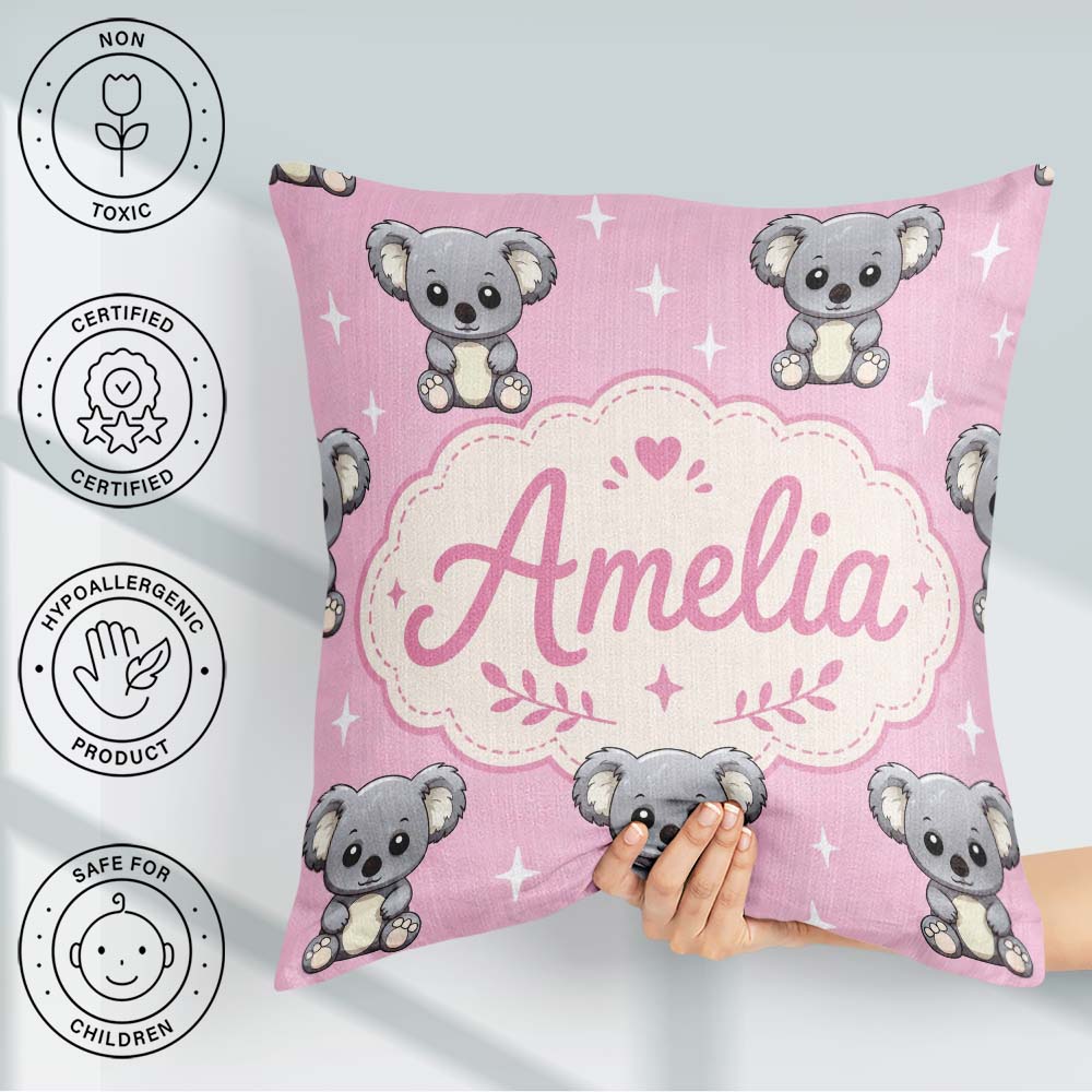 Custom Name Koala Bears with Stars Rose Pink Background Seamless Square Filled Cushion Throw Pillow Sofa Bed Home Decor Zip Washable UK Made