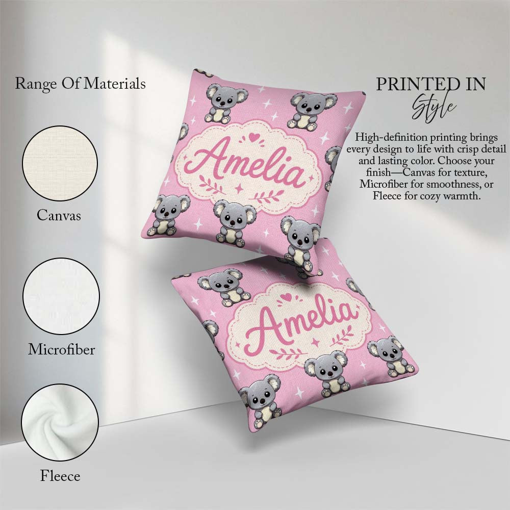 Custom Name Koala Bears with Stars Rose Pink Background Seamless Square Filled Cushion Throw Pillow Sofa Bed Home Decor Zip Washable UK Made