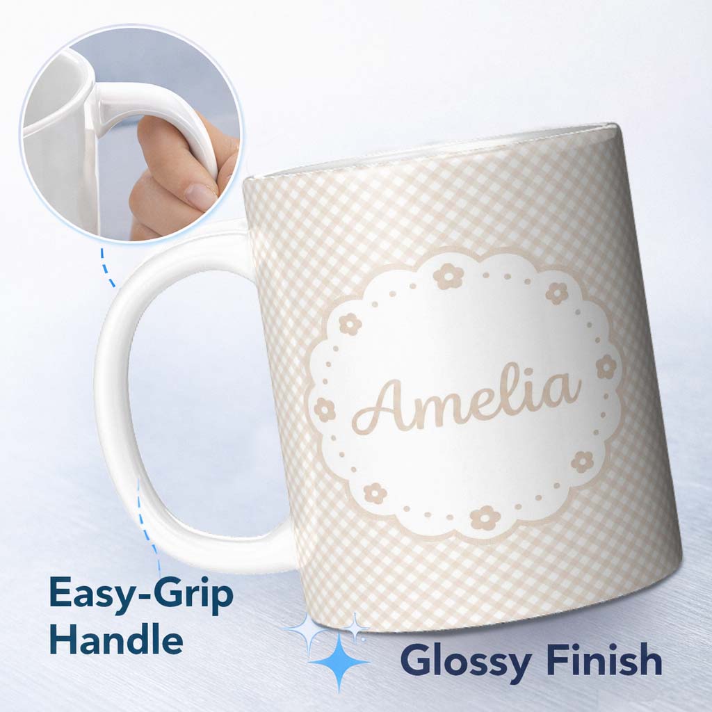 Personalized Custom Name Classic Beige Diagonal Gingham Check Pattern with Soft Vintage 11oz Ceramic Coffee Tea Mug White Large Handle