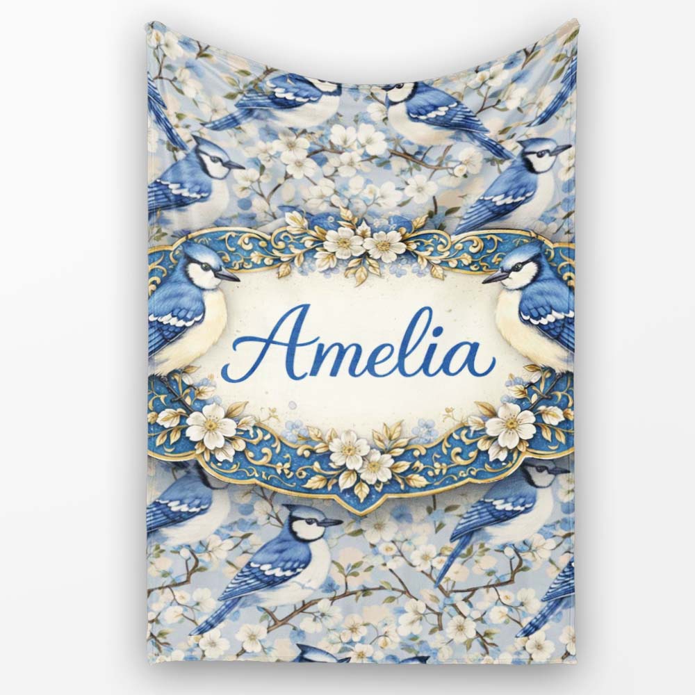 Blue Jay Bird Blossom Floral Seamless Pattern Soft Vintage Botanical Personalised Custom Name Super Soft Fleece Blanket Bed Sofa Throw