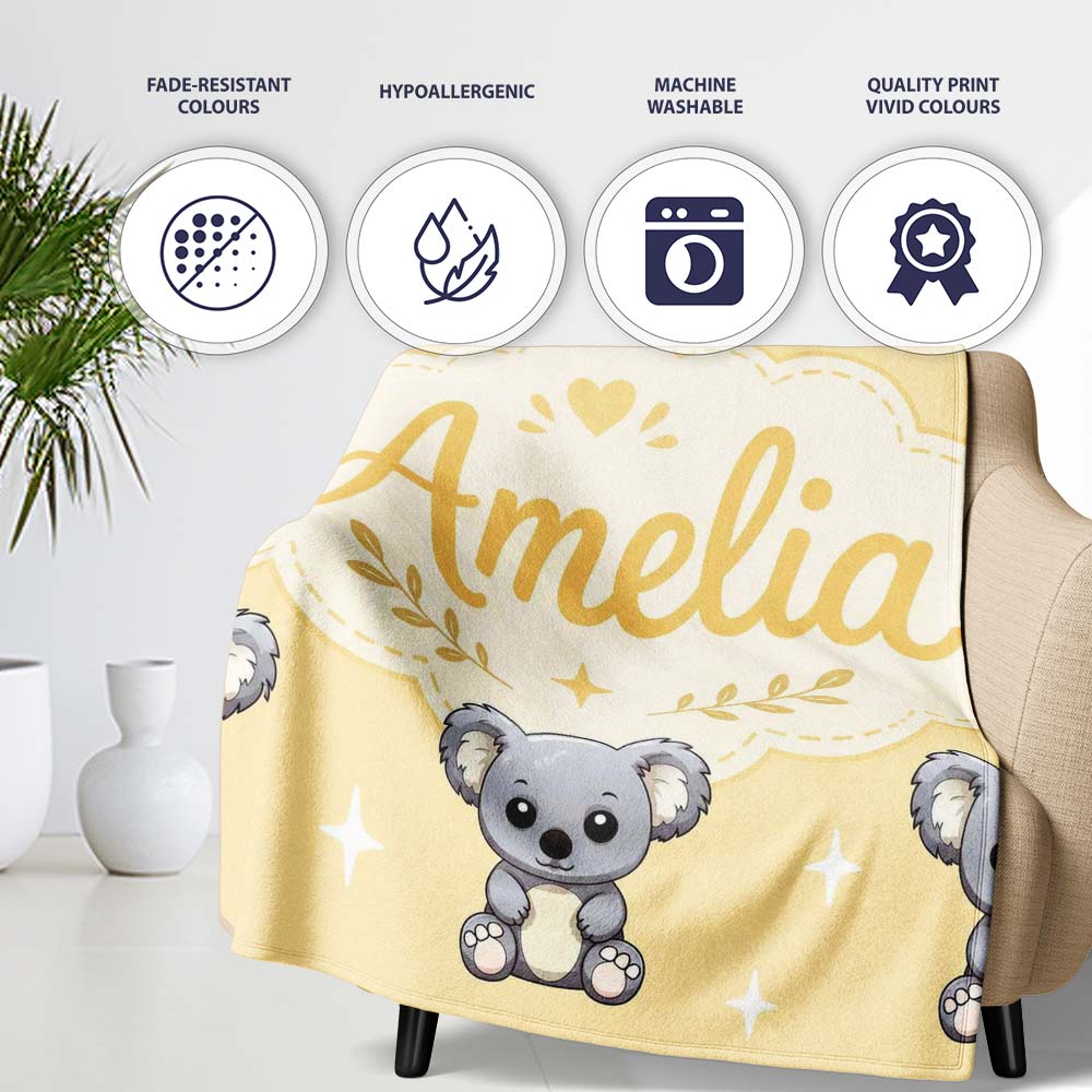 Cute Koala Bears with Stars Yellow Background Seamless Pattern Personalised Custom Name Super Soft Fleece Blanket Bed Sofa Throw