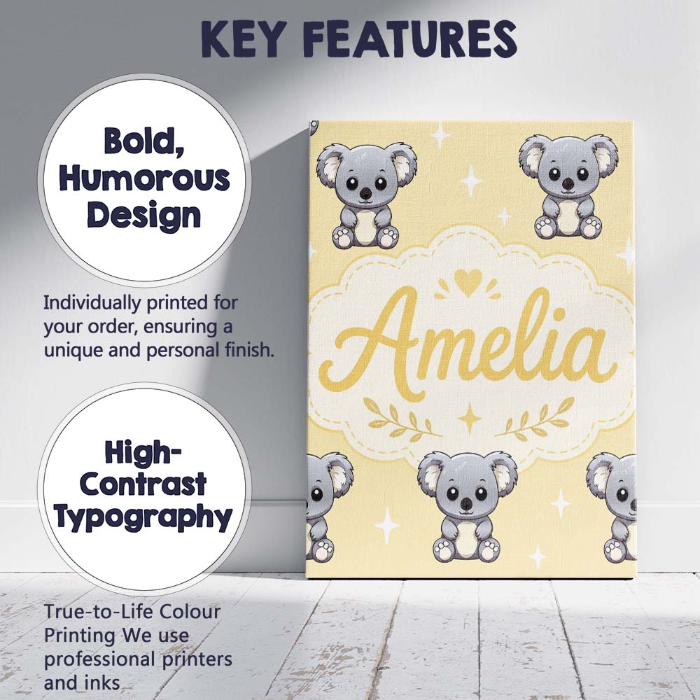 Personalised Name Cute Koala Bears with Custom Modern Room Accent Elegant Feature Canvas Wall Art Print Decor Picture Ready to Hang