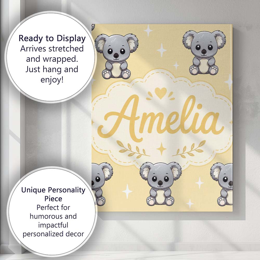 Personalised Name Cute Koala Bears with Custom Modern Room Accent Elegant Feature Canvas Wall Art Print Decor Picture Ready to Hang