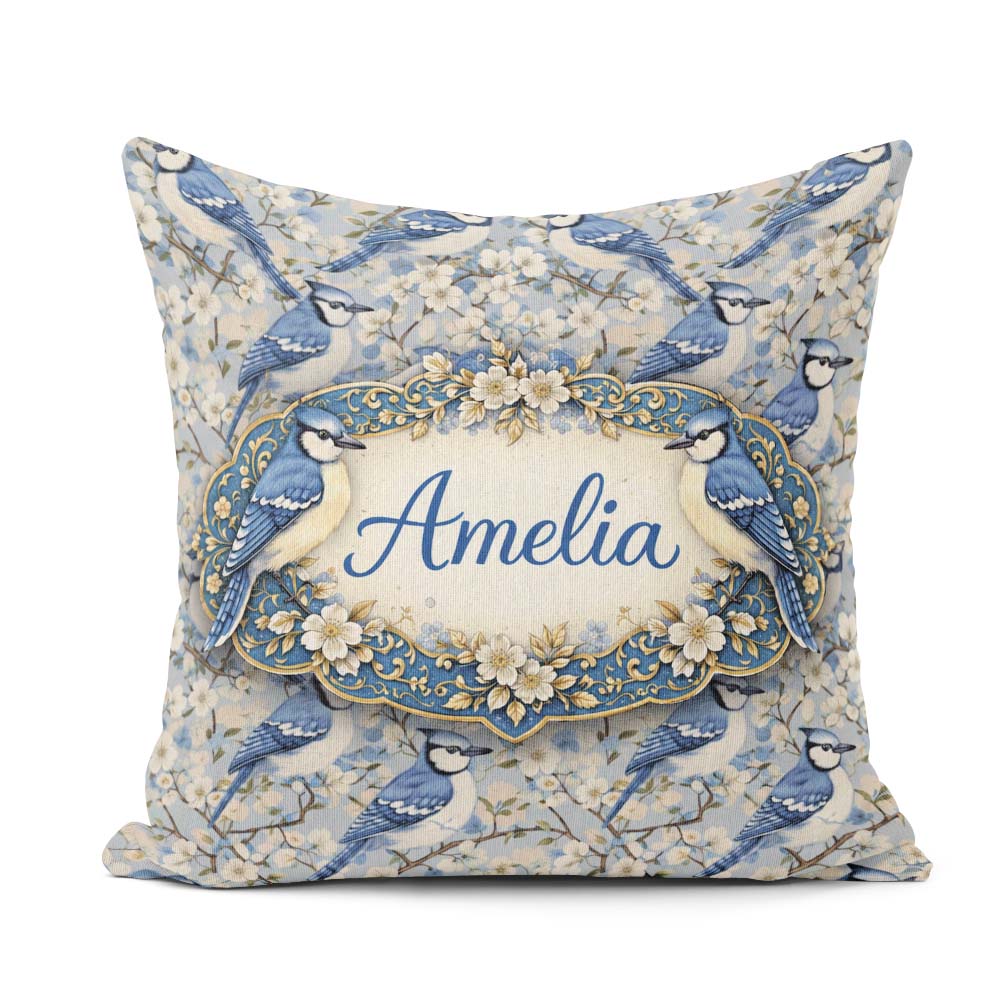 Custom Name Blue Jay Bird Blossom Floral Seamless Soft Botanical Square Filled Cushion Throw Pillow Sofa Bed Home Decor Zip Washable UK Made