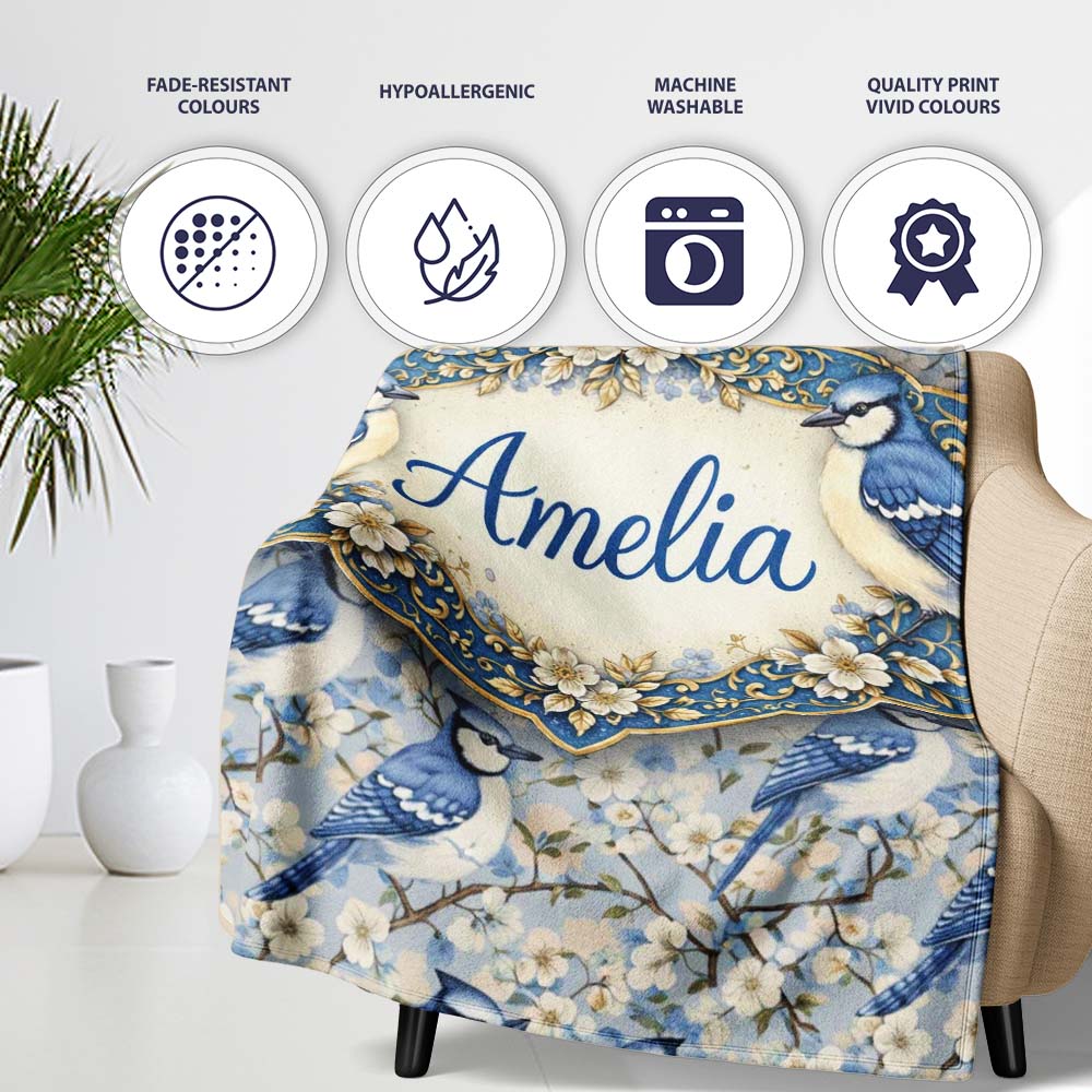 Blue Jay Bird Blossom Floral Seamless Pattern Soft Vintage Botanical Personalised Custom Name Super Soft Fleece Blanket Bed Sofa Throw