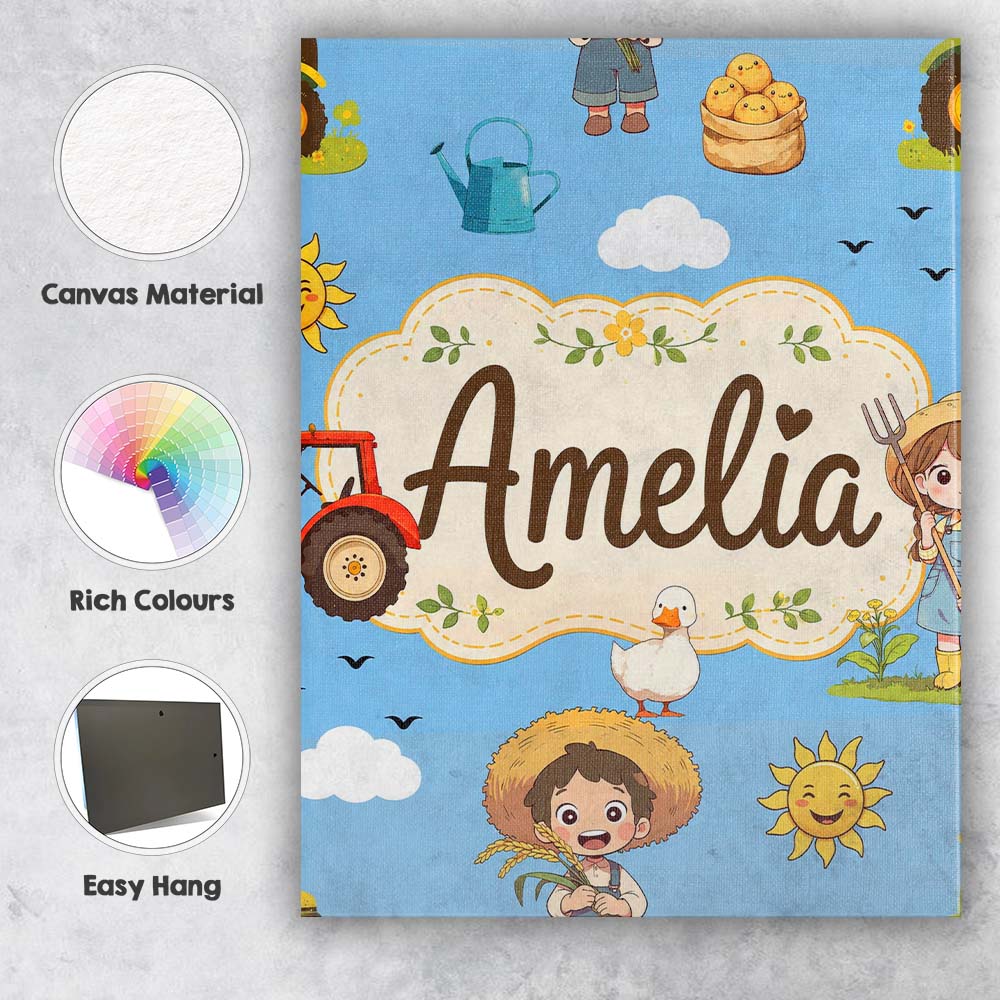 Personalised Name Cute Farm Scene Tractor Custom Unique Gift Idea Elegant Feature Canvas Wall Art Print Decor Picture Ready to Hang