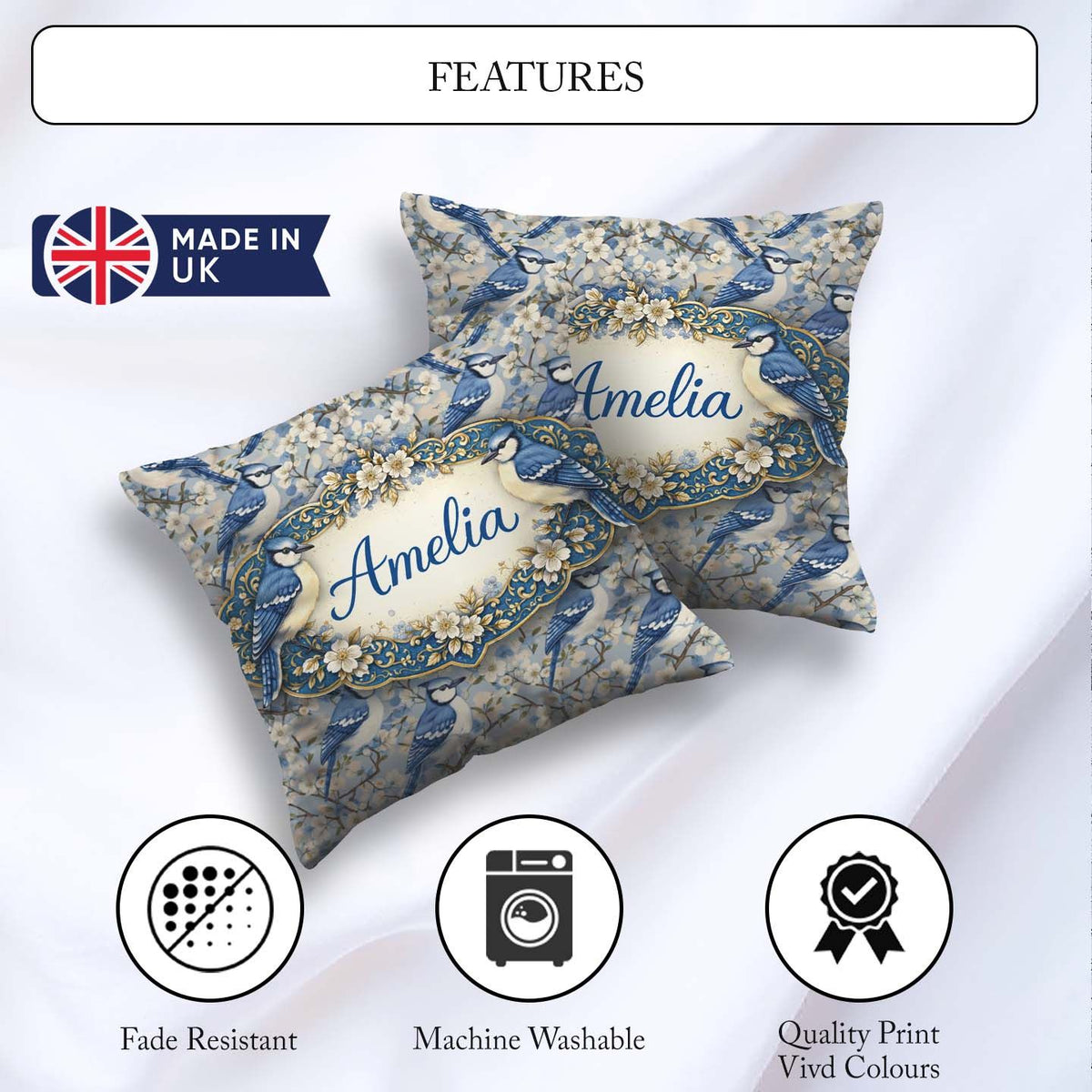 Custom Name Blue Jay Bird Blossom Floral Seamless Soft Botanical Square Filled Cushion Throw Pillow Sofa Bed Home Decor Zip Washable UK Made