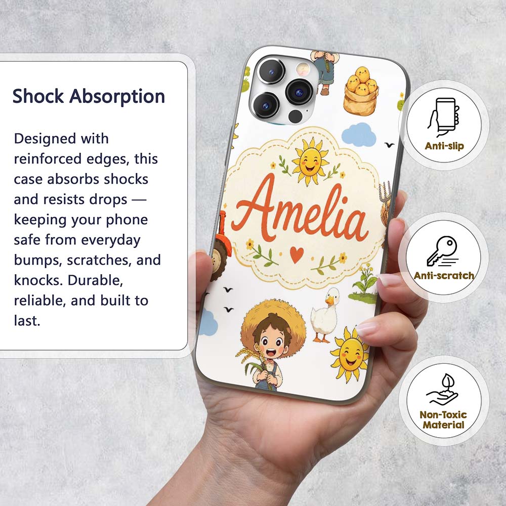 Cute Farm Tractor Duck Girl with Clouds White Custom Name Protective Phone Case Mobile Cover Durable Everyday Smartphone Shock Resistant