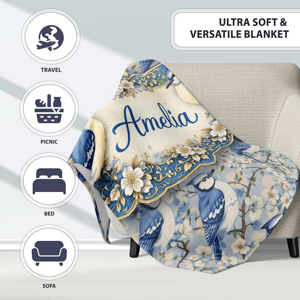 Blue Jay Bird Blossom Floral Seamless Pattern Soft Vintage Botanical Personalised Custom Name Super Soft Fleece Blanket Bed Sofa Throw