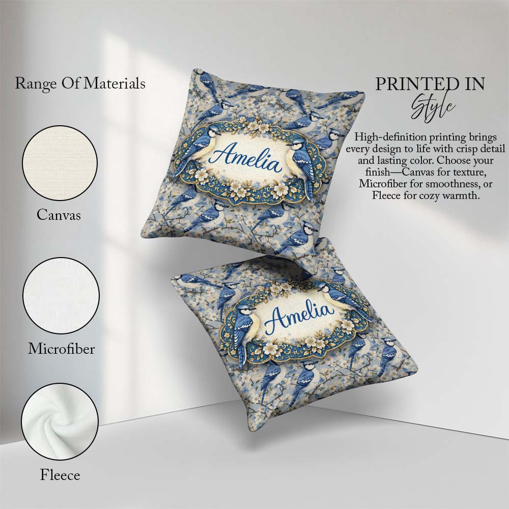 Custom Name Blue Jay Bird Blossom Floral Seamless Soft Botanical Square Filled Cushion Throw Pillow Sofa Bed Home Decor Zip Washable UK Made