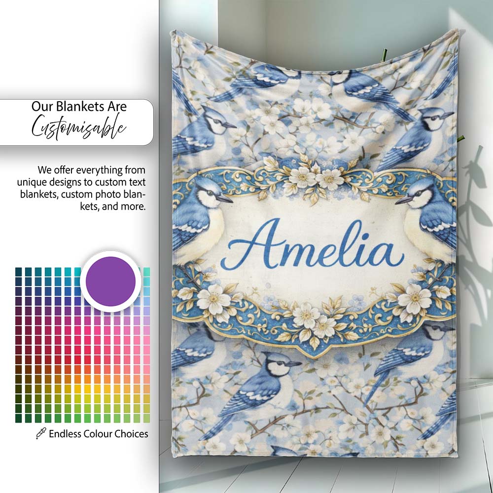 Blue Jay Bird Blossom Floral Seamless Pattern Soft Vintage Botanical Personalised Custom Name Super Soft Fleece Blanket Bed Sofa Throw