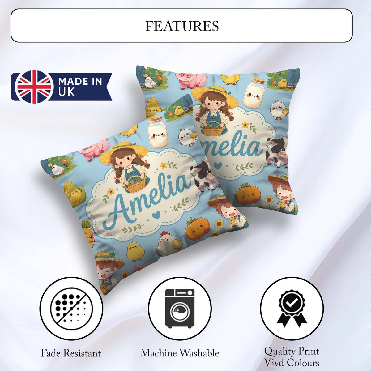 Custom Name Cute Farm Animals Girl Pig Cow Chicken Blue Seamless Square Filled Cushion Throw Pillow Sofa Bed Home Decor Zip Washable UK Made