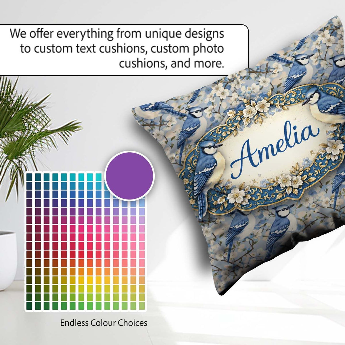 Custom Name Blue Jay Bird Blossom Floral Seamless Soft Botanical Square Filled Cushion Throw Pillow Sofa Bed Home Decor Zip Washable UK Made