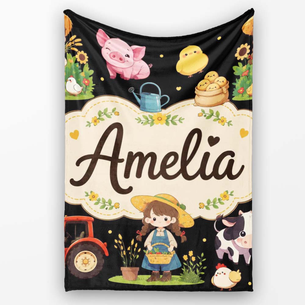 Cute Farm Animals Girl Pig Cow Chicken Black Background Seamless Personalised Custom Name Super Soft Fleece Blanket Bed Sofa Throw