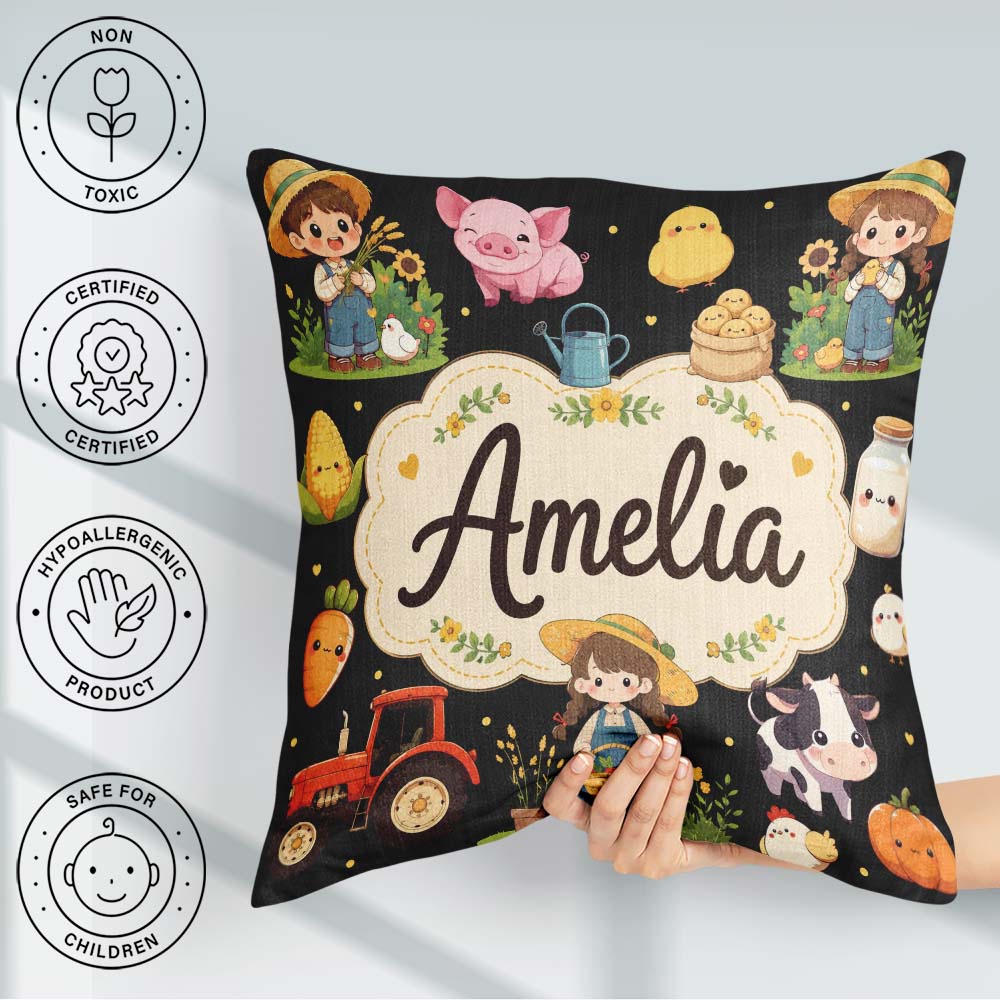 Custom Name Farm Animals Girl Pig Cow Black Background Seamless Square Filled Cushion Throw Pillow Sofa Bed Home Decor Zip Washable UK Made