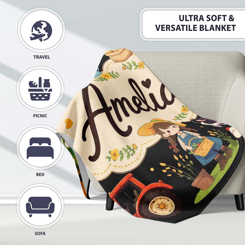 Cute Farm Animals Girl Pig Cow Chicken Black Background Seamless Personalised Custom Name Super Soft Fleece Blanket Bed Sofa Throw