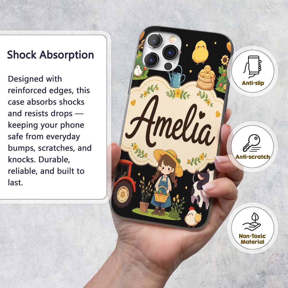 Cute Farm Animals Girl Pig Cow Chicken Black Custom Name Protective Phone Case Mobile Cover Durable Everyday Smartphone Shock Resistant