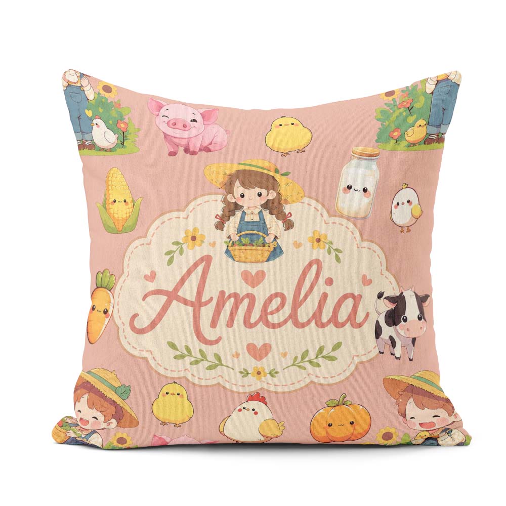 Custom Name Farm Animals Girl Pig Cow Peach Background Seamless Square Filled Cushion Throw Pillow Sofa Bed Home Decor Zip Washable UK Made