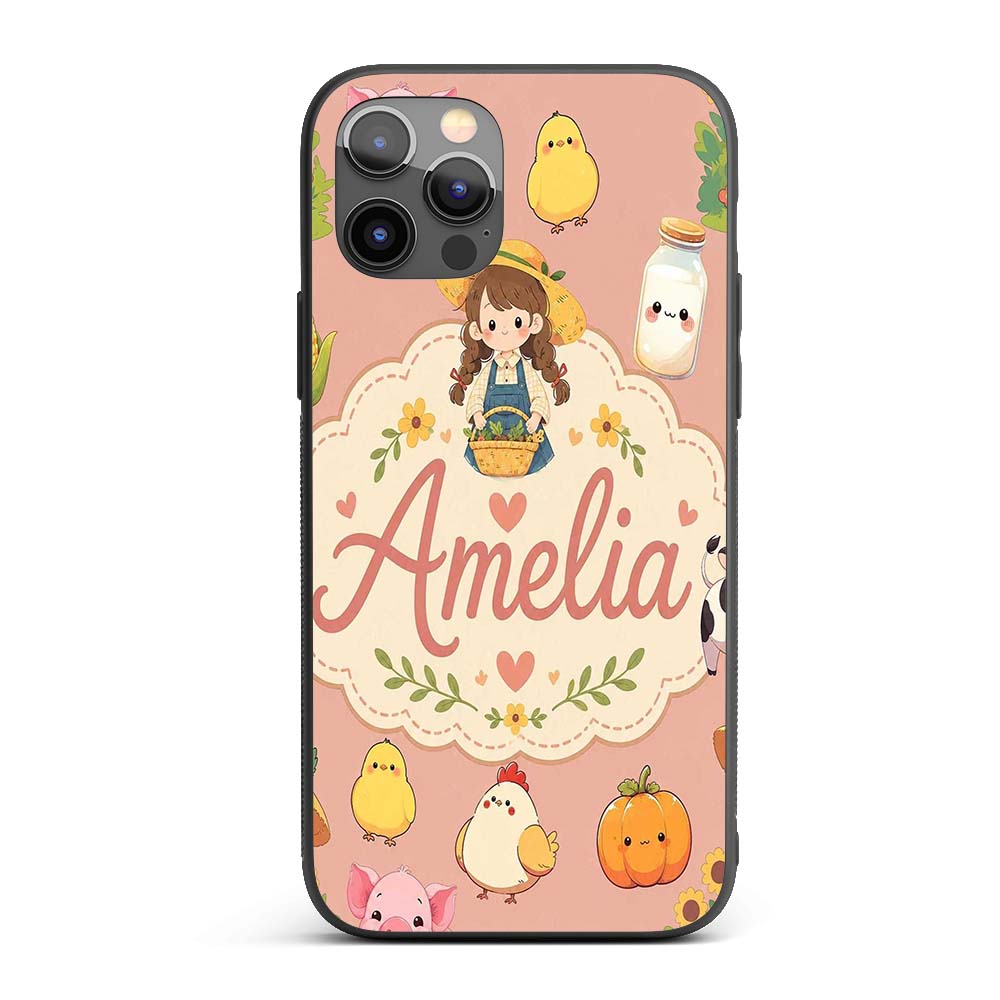 Cute Farm Animals Girl Pig Cow Chicken Peach Custom Name Protective Phone Case Mobile Cover Durable Everyday Smartphone Shock Resistant