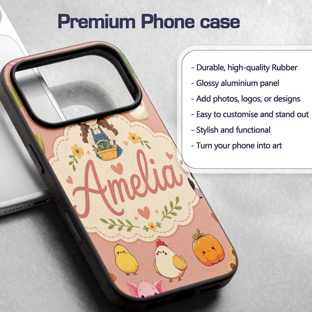 Cute Farm Animals Girl Pig Cow Chicken Peach Custom Name Protective Phone Case Mobile Cover Durable Everyday Smartphone Shock Resistant