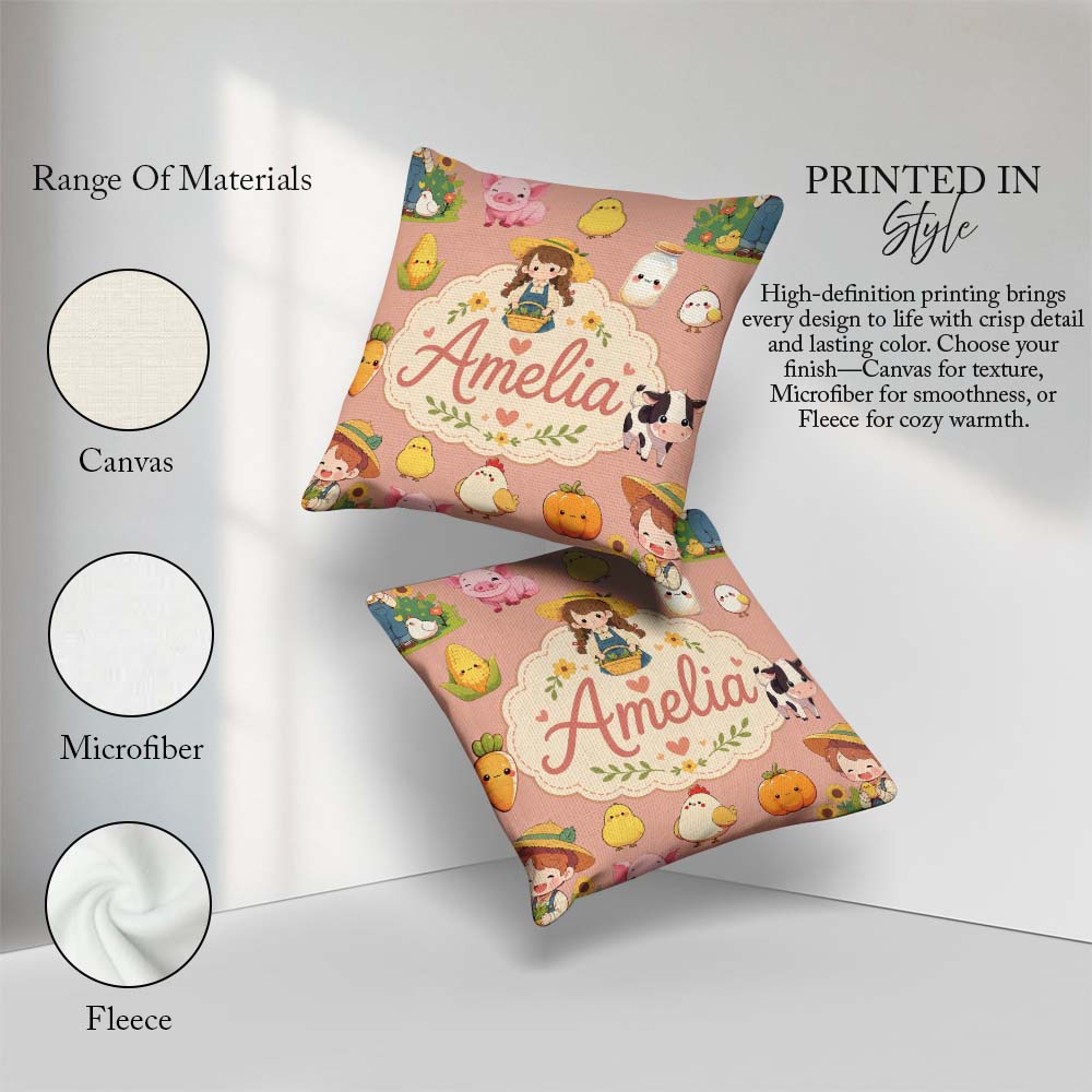 Custom Name Farm Animals Girl Pig Cow Peach Background Seamless Square Filled Cushion Throw Pillow Sofa Bed Home Decor Zip Washable UK Made