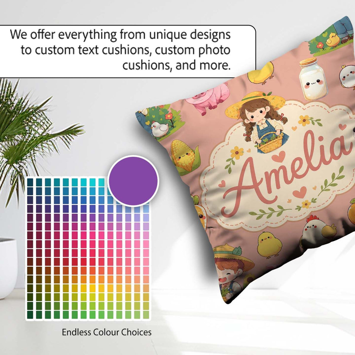 Custom Name Farm Animals Girl Pig Cow Peach Background Seamless Square Filled Cushion Throw Pillow Sofa Bed Home Decor Zip Washable UK Made