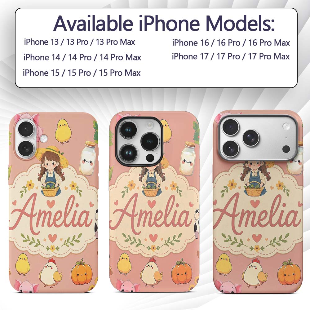 Cute Farm Animals Girl Pig Cow Chicken Peach Custom Name Protective Phone Case Mobile Cover Durable Everyday Smartphone Shock Resistant