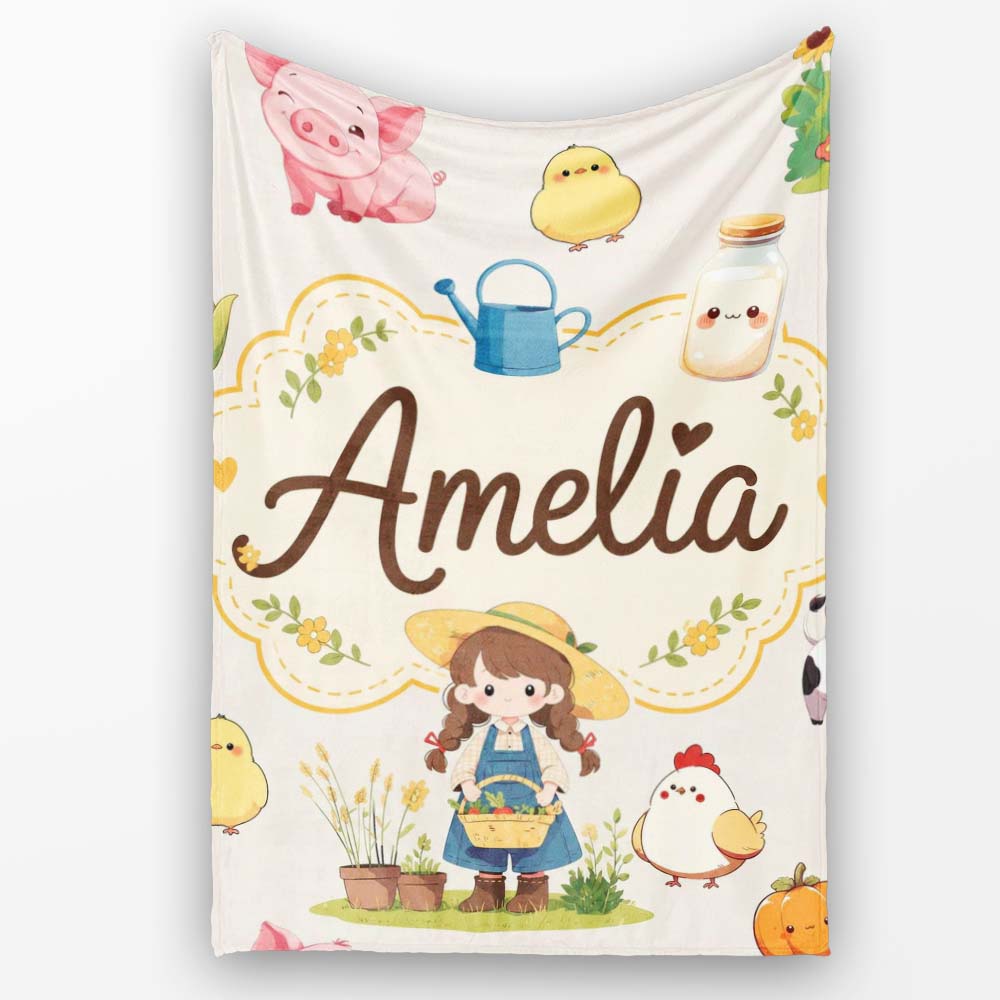 Cute Farm Animals Girl Pig Cow Chicken Cream Background Seamless Personalised Custom Name Super Soft Fleece Blanket Bed Sofa Throw