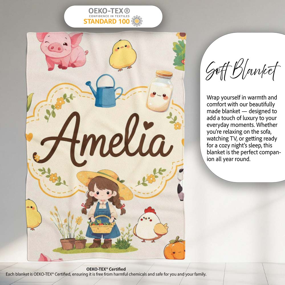 Cute Farm Animals Girl Pig Cow Chicken Cream Background Seamless Personalised Custom Name Super Soft Fleece Blanket Bed Sofa Throw