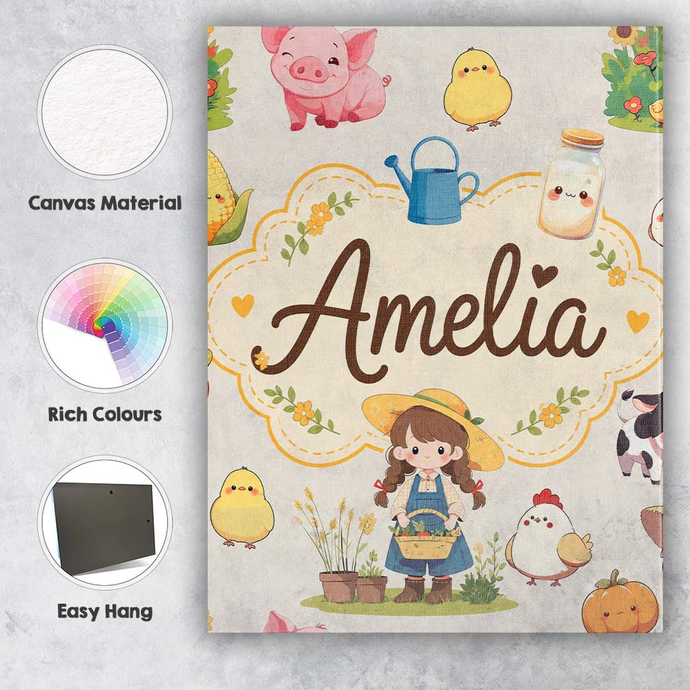 Personalised Name Cute Farm Animals Girl Custom Unique Gift Idea Elegant Feature Canvas Wall Art Print Decor Picture Ready to Hang