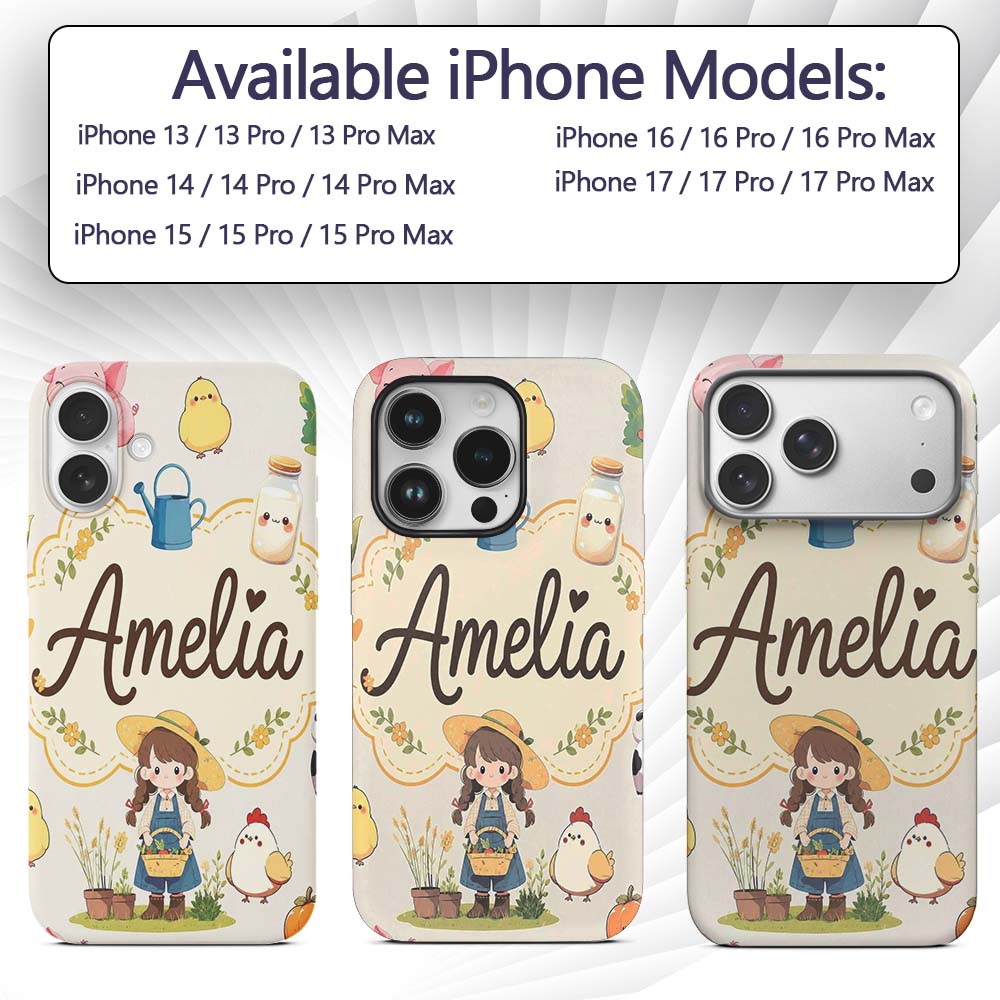 Cute Farm Animals Girl Pig Cow Chicken Cream Custom Name Protective Phone Case Mobile Cover Durable Everyday Smartphone Shock Resistant