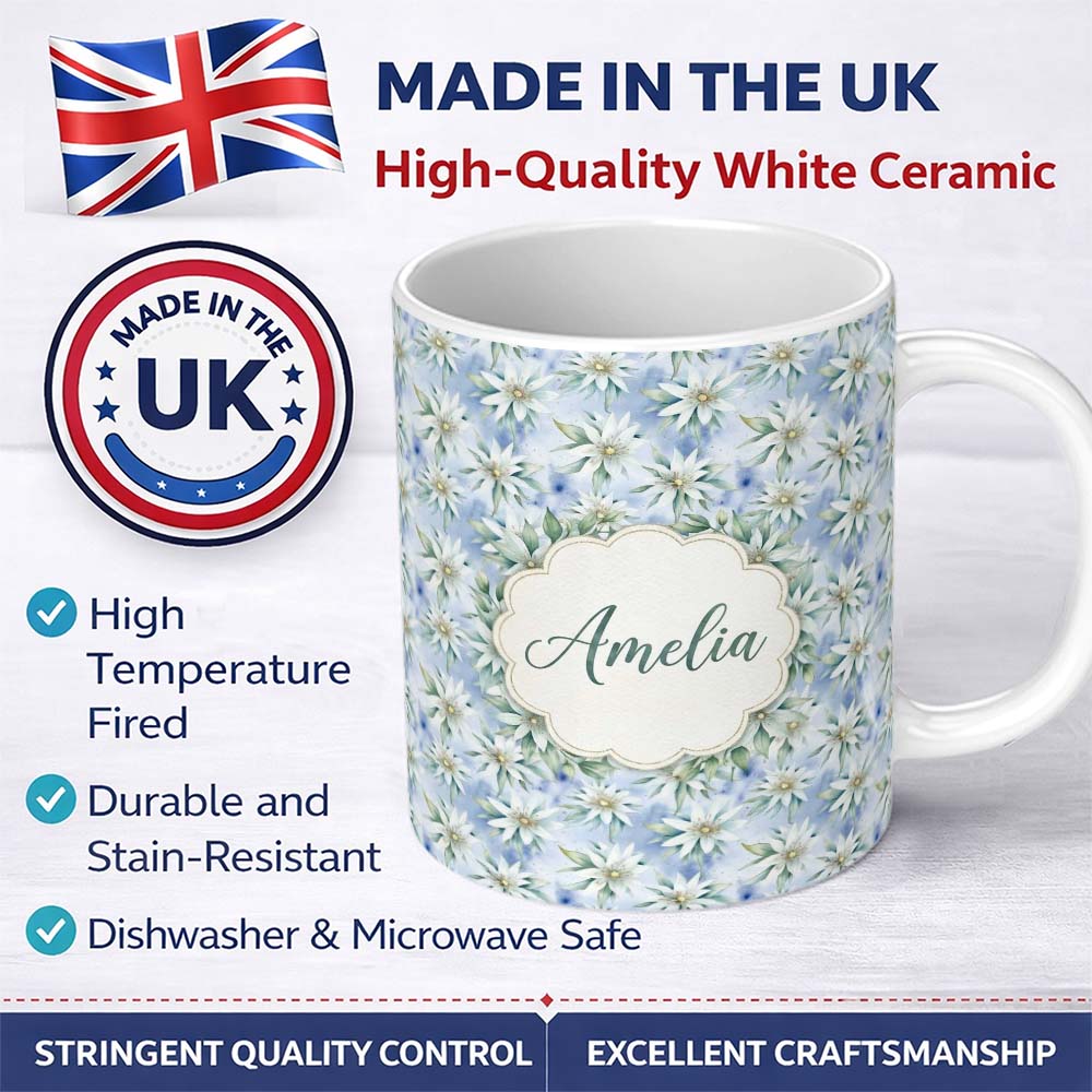 Personalized Custom Name Delicate White Floral on Soft Blue Background Seamless Pattern 11oz Ceramic Coffee Tea Mug White Large Handle