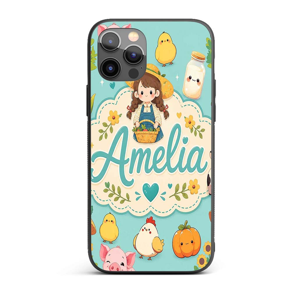 Cute Farm Animals Girl Pig Cow Chicken Mint Green Custom Name Protective Phone Case Mobile Cover Durable Everyday Smartphone Shock Resistant