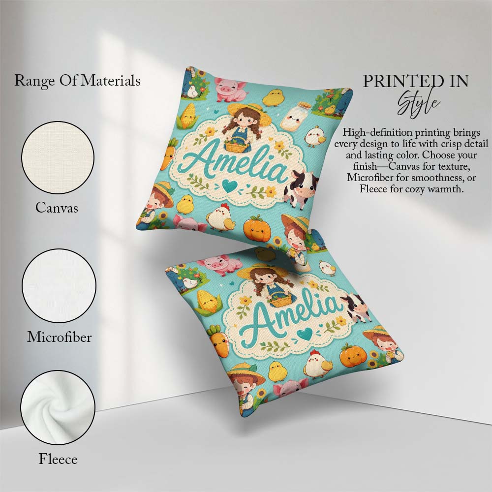 Custom Name Cute Farm Animals Girl Pig Cow Mint Green Background Square Filled Cushion Throw Pillow Sofa Bed Home Decor Zip Washable UK Made