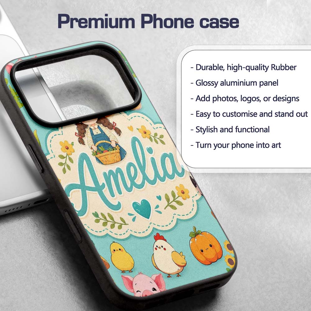 Cute Farm Animals Girl Pig Cow Chicken Mint Green Custom Name Protective Phone Case Mobile Cover Durable Everyday Smartphone Shock Resistant